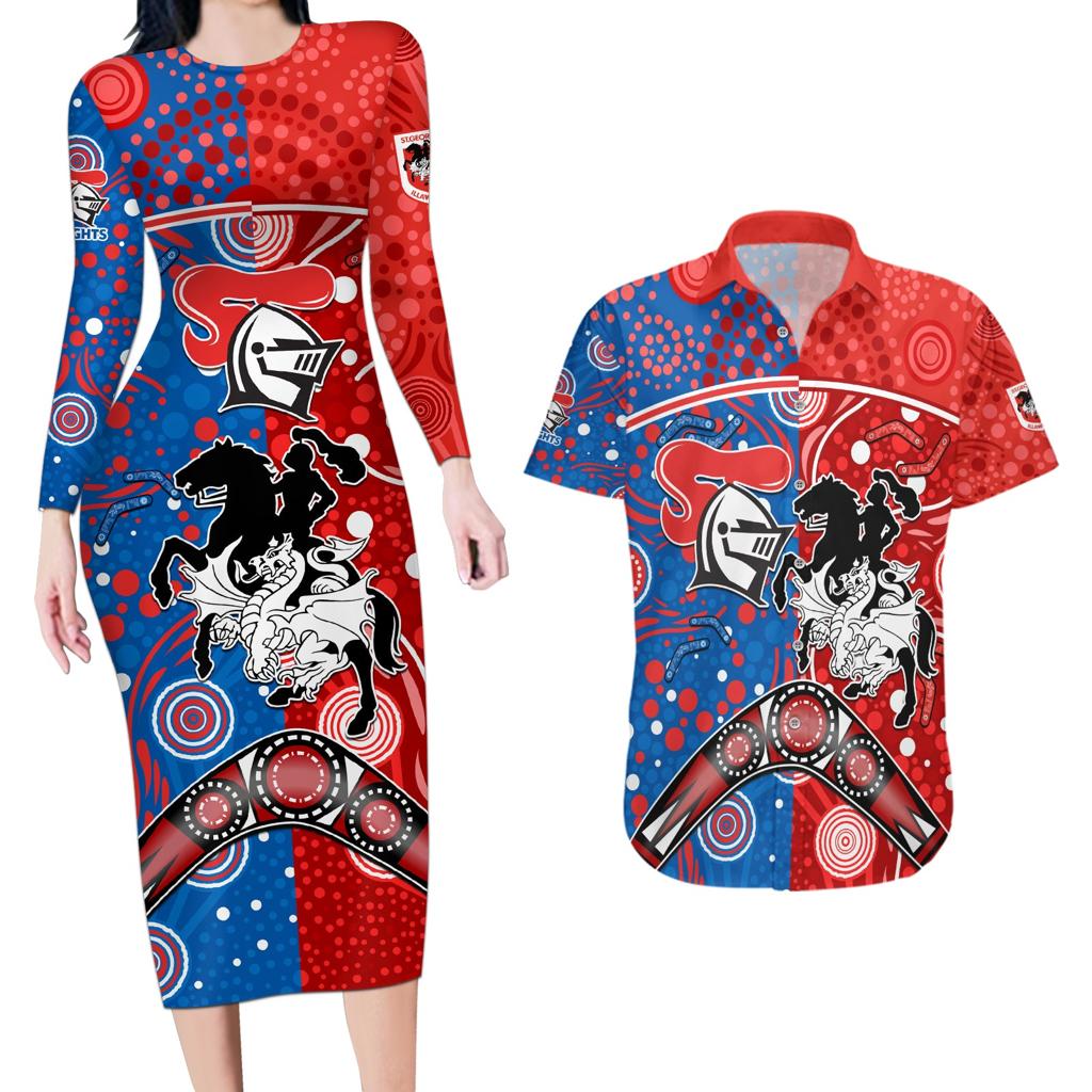 NRL Knights and Dragons Together Couples Matching Long Sleeve Bodycon Dress and Hawaiian Shirt Boomerang Indigenous Dots