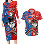 NRL Knights and Dragons Together Couples Matching Long Sleeve Bodycon Dress and Hawaiian Shirt Boomerang Indigenous Dots