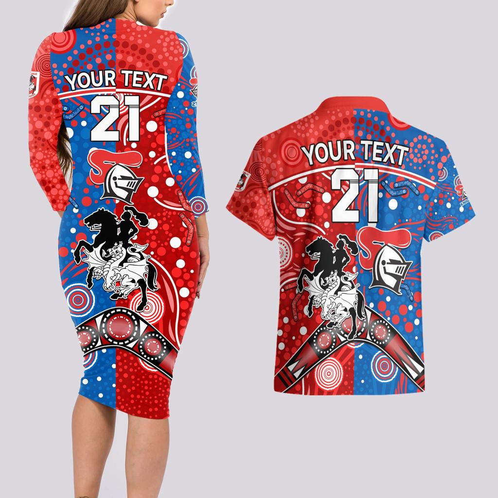 NRL Knights and Dragons Together Couples Matching Long Sleeve Bodycon Dress and Hawaiian Shirt Boomerang Indigenous Dots