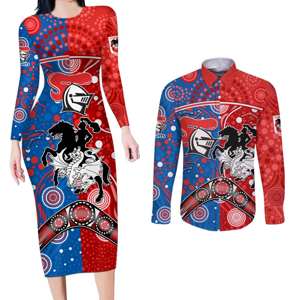 NRL Knights and Dragons Together Couples Matching Long Sleeve Bodycon Dress and Long Sleeve Button Shirt Boomerang Indigenous Dots