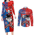 NRL Knights and Dragons Together Couples Matching Long Sleeve Bodycon Dress and Long Sleeve Button Shirt Boomerang Indigenous Dots
