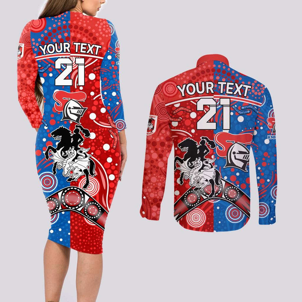 NRL Knights and Dragons Together Couples Matching Long Sleeve Bodycon Dress and Long Sleeve Button Shirt Boomerang Indigenous Dots