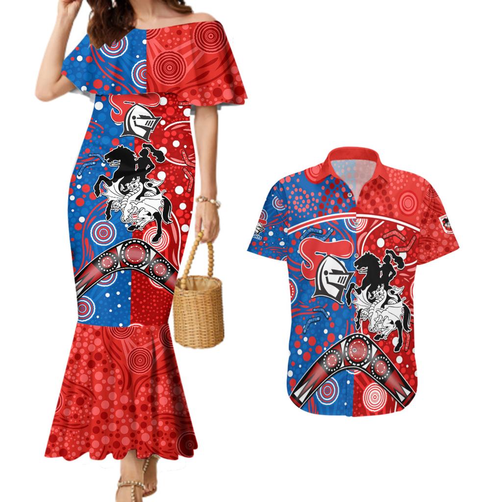 NRL Knights and Dragons Together Couples Matching Mermaid Dress and Hawaiian Shirt Boomerang Indigenous Dots