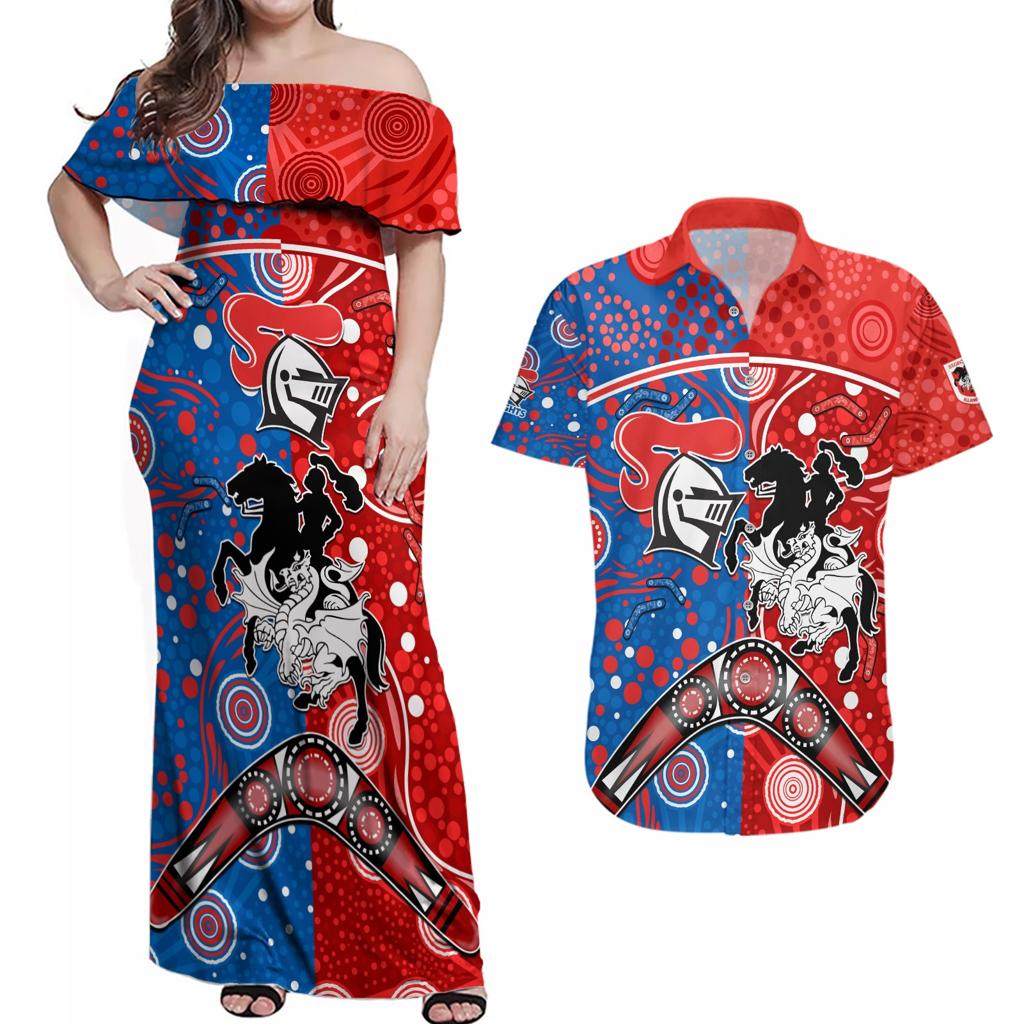 NRL Knights and Dragons Together Couples Matching Off Shoulder Maxi Dress and Hawaiian Shirt Boomerang Indigenous Dots