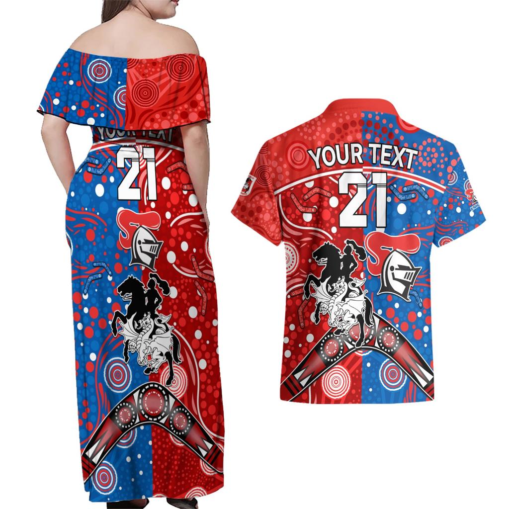 NRL Knights and Dragons Together Couples Matching Off Shoulder Maxi Dress and Hawaiian Shirt Boomerang Indigenous Dots