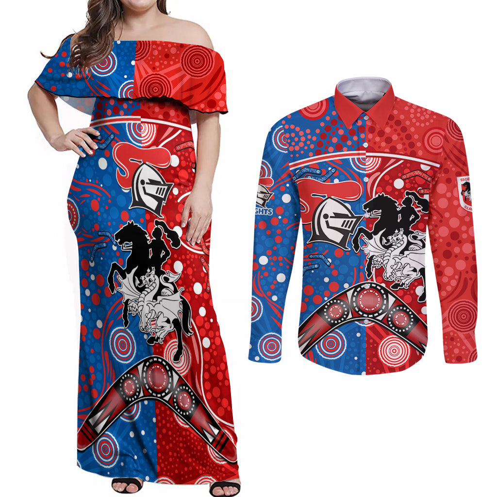 NRL Knights and Dragons Together Couples Matching Off Shoulder Maxi Dress and Long Sleeve Button Shirt Boomerang Indigenous Dots