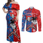 NRL Knights and Dragons Together Couples Matching Off Shoulder Maxi Dress and Long Sleeve Button Shirt Boomerang Indigenous Dots