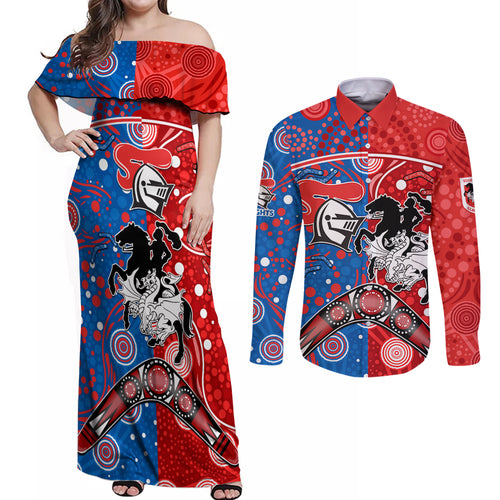 NRL Knights and Dragons Together Couples Matching Off Shoulder Maxi Dress and Long Sleeve Button Shirt Boomerang Indigenous Dots