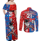 NRL Knights and Dragons Together Couples Matching Off Shoulder Maxi Dress and Long Sleeve Button Shirt Boomerang Indigenous Dots