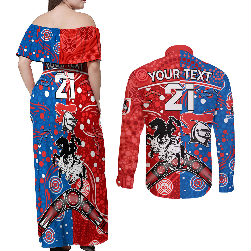 NRL Knights and Dragons Together Couples Matching Off Shoulder Maxi Dress and Long Sleeve Button Shirt Boomerang Indigenous Dots