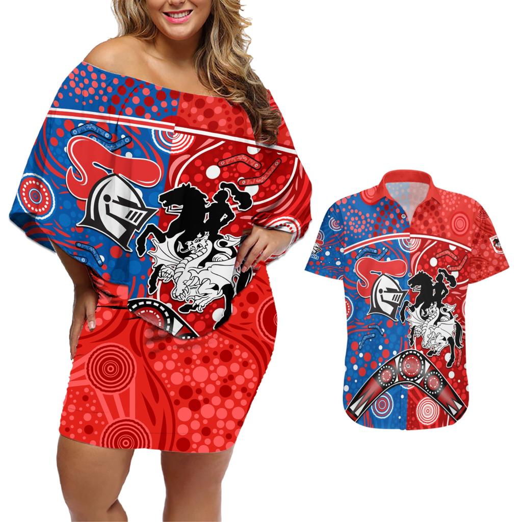 NRL Knights and Dragons Together Couples Matching Off Shoulder Short Dress and Hawaiian Shirt Boomerang Indigenous Dots
