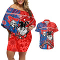 NRL Knights and Dragons Together Couples Matching Off Shoulder Short Dress and Hawaiian Shirt Boomerang Indigenous Dots