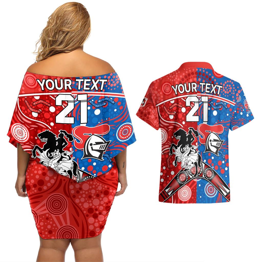 NRL Knights and Dragons Together Couples Matching Off Shoulder Short Dress and Hawaiian Shirt Boomerang Indigenous Dots
