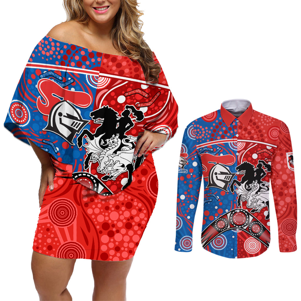 NRL Knights and Dragons Together Couples Matching Off Shoulder Short Dress and Long Sleeve Button Shirt Boomerang Indigenous Dots