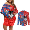 NRL Knights and Dragons Together Couples Matching Off Shoulder Short Dress and Long Sleeve Button Shirt Boomerang Indigenous Dots