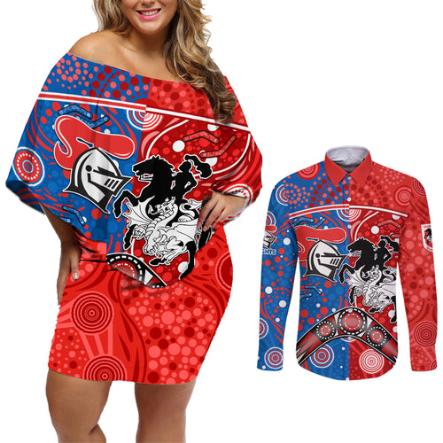 NRL Knights and Dragons Together Couples Matching Off Shoulder Short Dress and Long Sleeve Button Shirt Boomerang Indigenous Dots