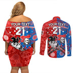 NRL Knights and Dragons Together Couples Matching Off Shoulder Short Dress and Long Sleeve Button Shirt Boomerang Indigenous Dots