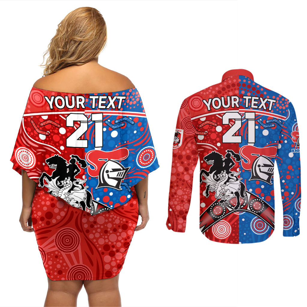 NRL Knights and Dragons Together Couples Matching Off Shoulder Short Dress and Long Sleeve Button Shirt Boomerang Indigenous Dots