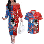 NRL Knights and Dragons Together Couples Matching Off The Shoulder Long Sleeve Dress and Hawaiian Shirt Boomerang Indigenous Dots