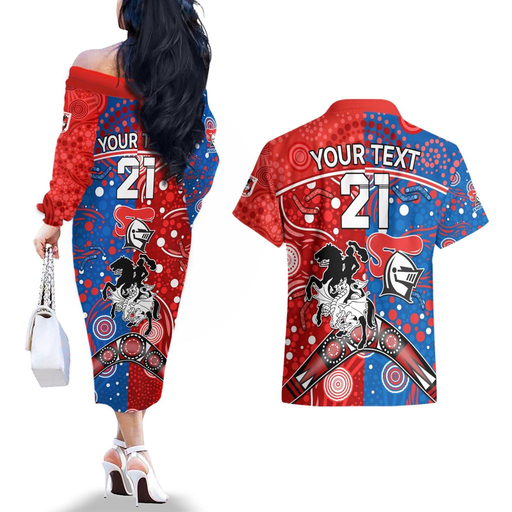 NRL Knights and Dragons Together Couples Matching Off The Shoulder Long Sleeve Dress and Hawaiian Shirt Boomerang Indigenous Dots
