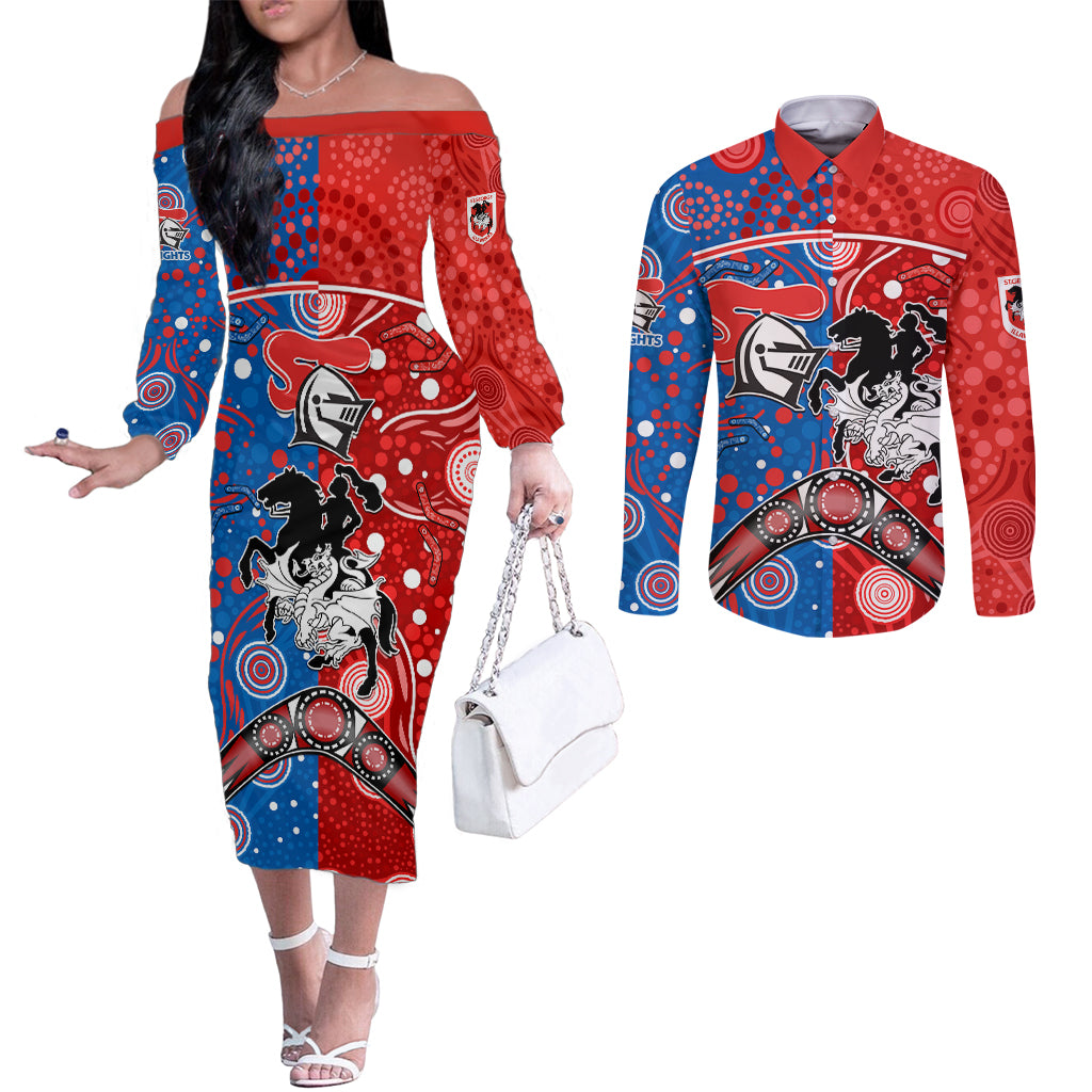 NRL Knights and Dragons Together Couples Matching Off The Shoulder Long Sleeve Dress and Long Sleeve Button Shirt Boomerang Indigenous Dots