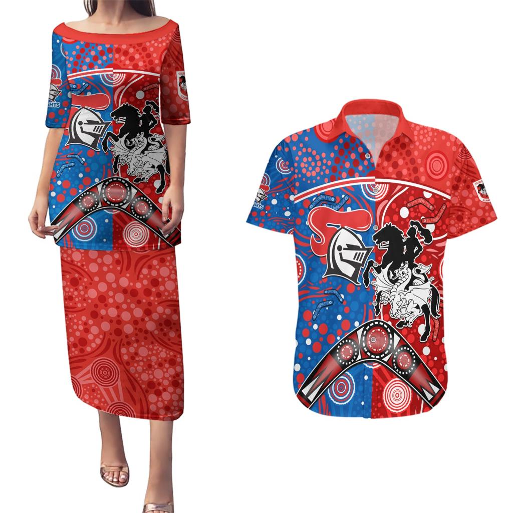 NRL Knights and Dragons Together Couples Matching Puletasi and Hawaiian Shirt Boomerang Indigenous Dots