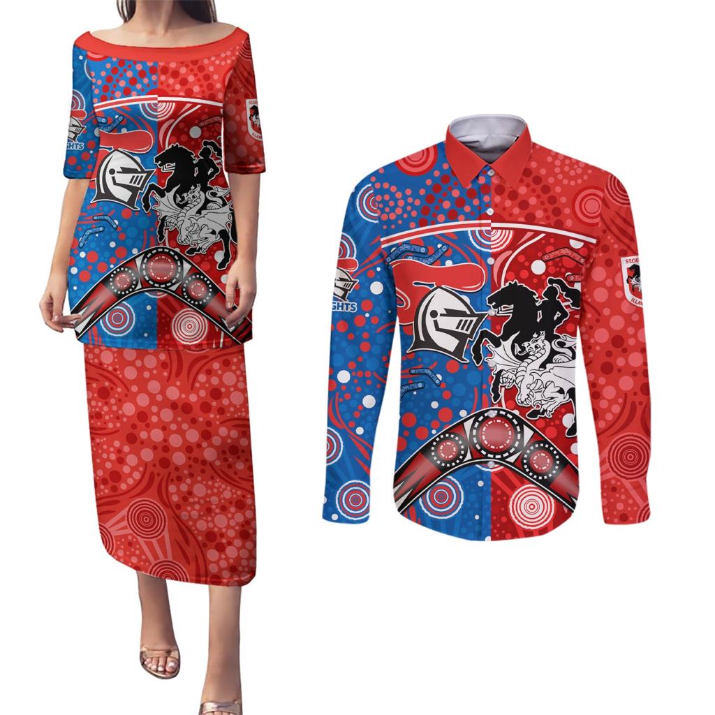 NRL Knights and Dragons Together Couples Matching Puletasi and Long Sleeve Button Shirt Boomerang Indigenous Dots