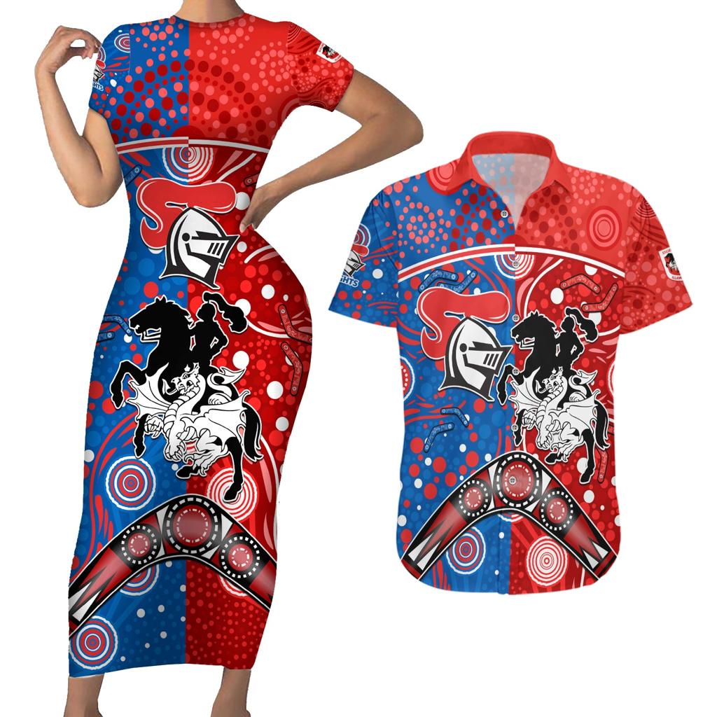 NRL Knights and Dragons Together Couples Matching Short Sleeve Bodycon Dress and Hawaiian Shirt Boomerang Indigenous Dots