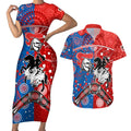 NRL Knights and Dragons Together Couples Matching Short Sleeve Bodycon Dress and Hawaiian Shirt Boomerang Indigenous Dots