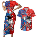 NRL Knights and Dragons Together Couples Matching Short Sleeve Bodycon Dress and Hawaiian Shirt Boomerang Indigenous Dots