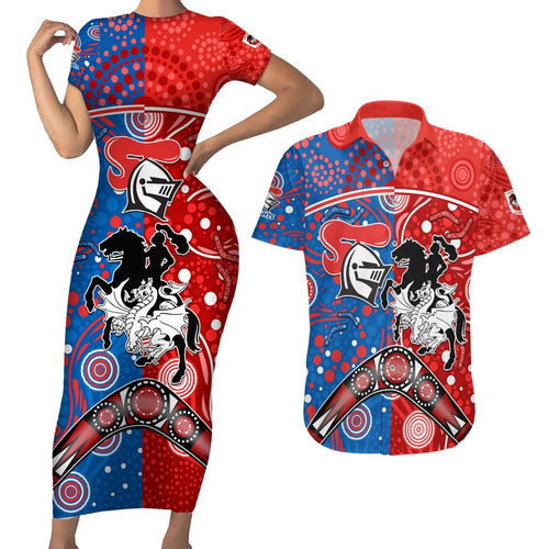 NRL Knights and Dragons Together Couples Matching Short Sleeve Bodycon Dress and Hawaiian Shirt Boomerang Indigenous Dots