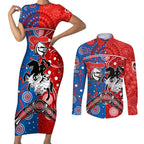 NRL Knights and Dragons Together Couples Matching Short Sleeve Bodycon Dress and Long Sleeve Button Shirt Boomerang Indigenous Dots