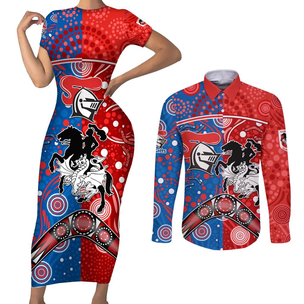 NRL Knights and Dragons Together Couples Matching Short Sleeve Bodycon Dress and Long Sleeve Button Shirt Boomerang Indigenous Dots