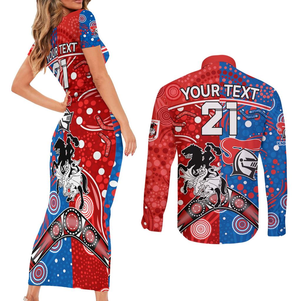NRL Knights and Dragons Together Couples Matching Short Sleeve Bodycon Dress and Long Sleeve Button Shirt Boomerang Indigenous Dots