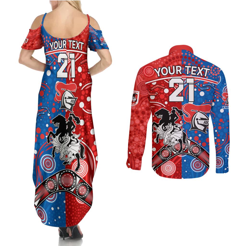 NRL Knights and Dragons Together Couples Matching Summer Maxi Dress and Long Sleeve Button Shirt Boomerang Indigenous Dots