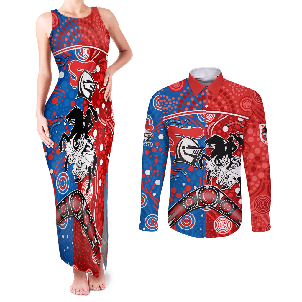 NRL Knights and Dragons Together Couples Matching Tank Maxi Dress and Long Sleeve Button Shirt Boomerang Indigenous Dots