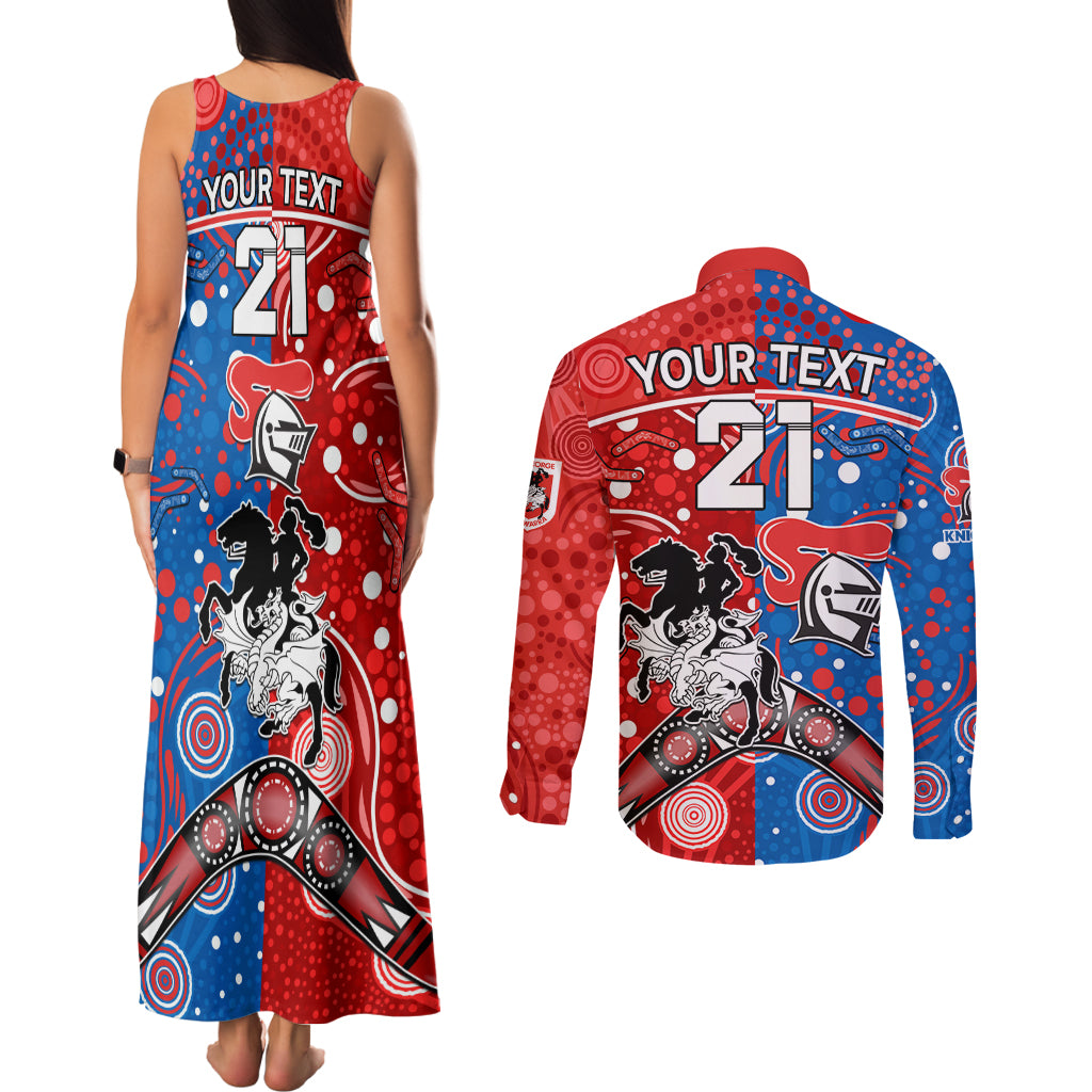NRL Knights and Dragons Together Couples Matching Tank Maxi Dress and Long Sleeve Button Shirt Boomerang Indigenous Dots