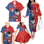 NRL Knights and Dragons Together Family Matching Off Shoulder Long Sleeve Dress and Hawaiian Shirt Boomerang Indigenous Dots