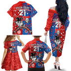 NRL Knights and Dragons Together Family Matching Off Shoulder Long Sleeve Dress and Hawaiian Shirt Boomerang Indigenous Dots