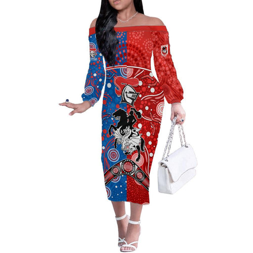 NRL Knights and Dragons Together Family Matching Off Shoulder Long Sleeve Dress and Hawaiian Shirt Boomerang Indigenous Dots