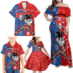 NRL Knights and Dragons Together Family Matching Off Shoulder Maxi Dress and Hawaiian Shirt Boomerang Indigenous Dots
