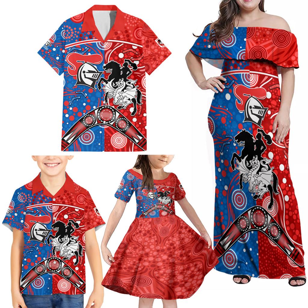 NRL Knights and Dragons Together Family Matching Off Shoulder Maxi Dress and Hawaiian Shirt Boomerang Indigenous Dots