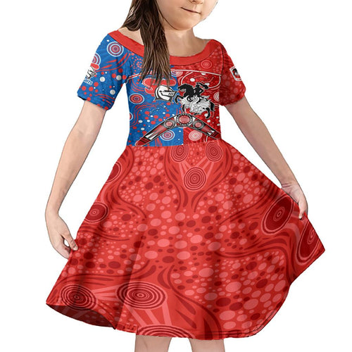 NRL Knights and Dragons Together Family Matching Off Shoulder Short Dress and Hawaiian Shirt Boomerang Indigenous Dots