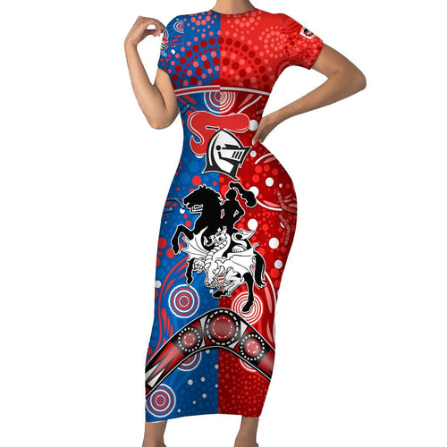 NRL Knights and Dragons Together Family Matching Short Sleeve Bodycon Dress and Hawaiian Shirt Boomerang Indigenous Dots