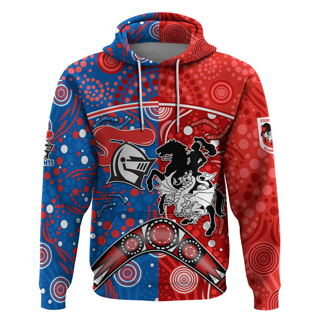 NRL Knights and Dragons Together Hoodie Boomerang Indigenous Dots