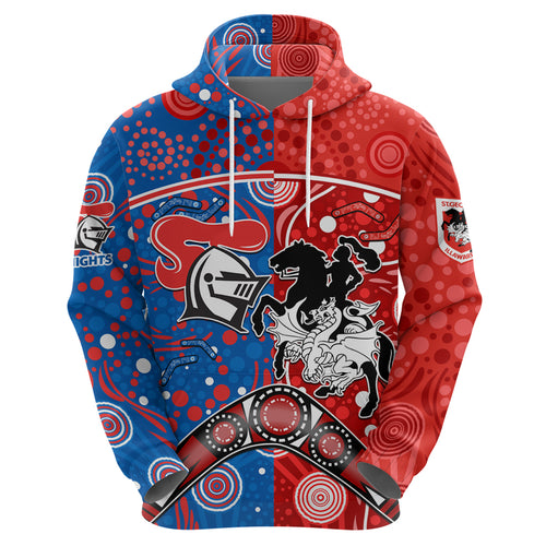 NRL Knights and Dragons Together Hoodie Boomerang Indigenous Dots