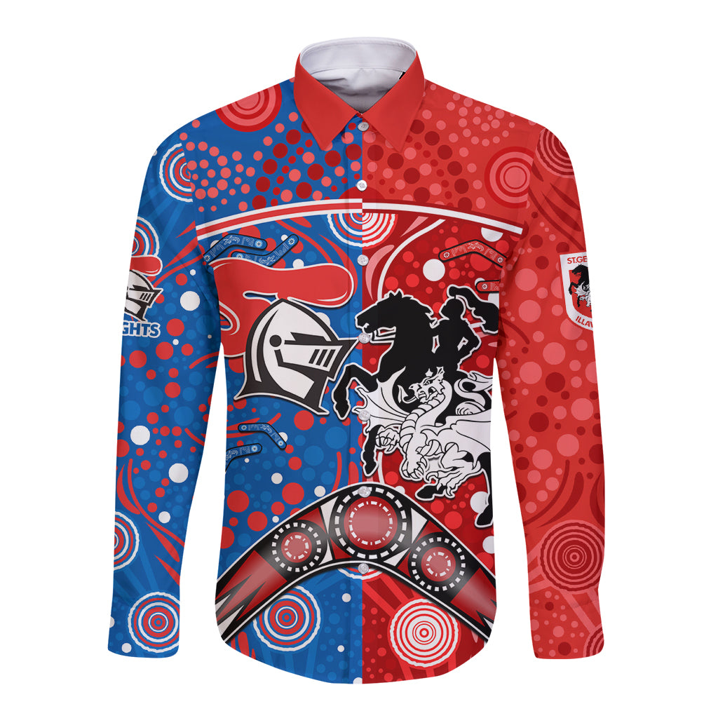NRL Knights and Dragons Together Long Sleeve Button Shirt Boomerang Indigenous Dots