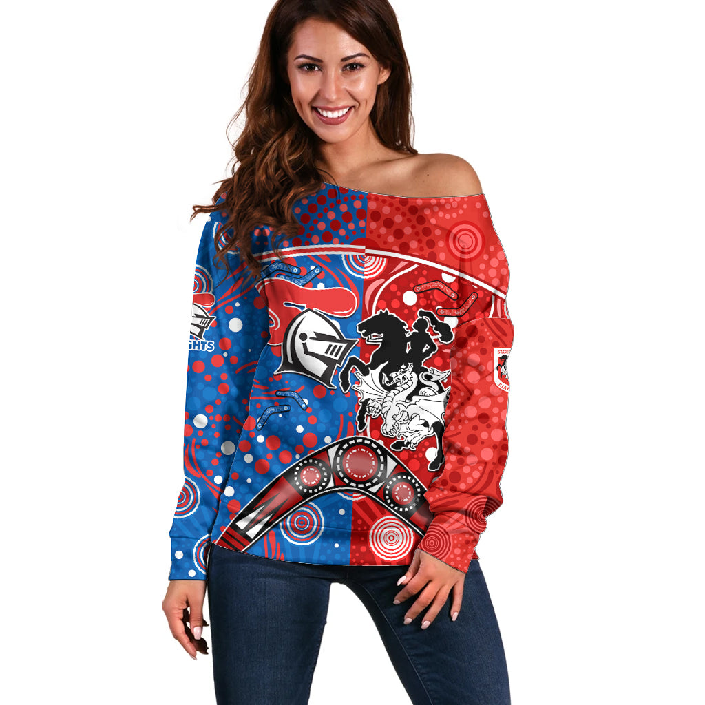 NRL Knights and Dragons Together Off Shoulder Sweater Boomerang Indigenous Dots