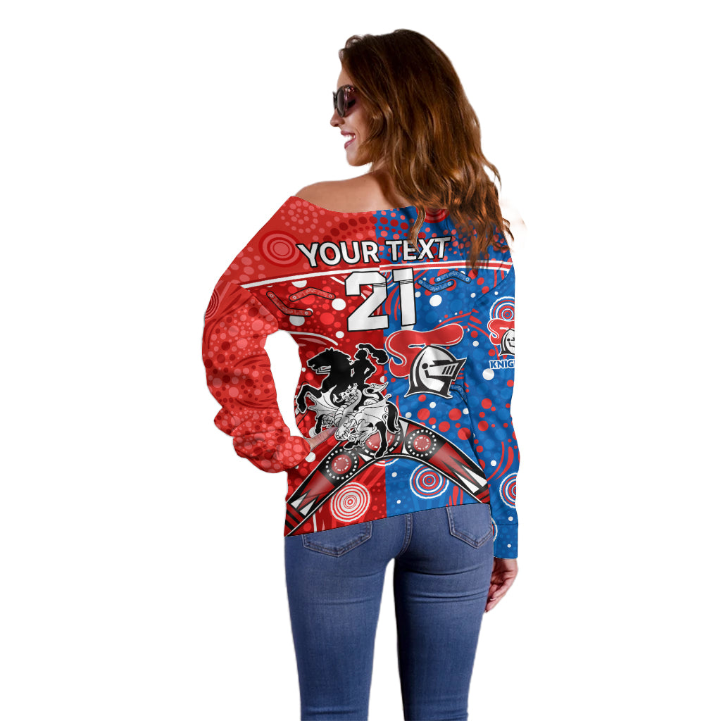 NRL Knights and Dragons Together Off Shoulder Sweater Boomerang Indigenous Dots