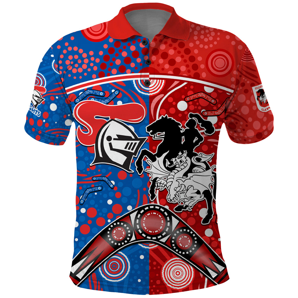 NRL Knights and Dragons Together Polo Shirt Boomerang Indigenous Dots